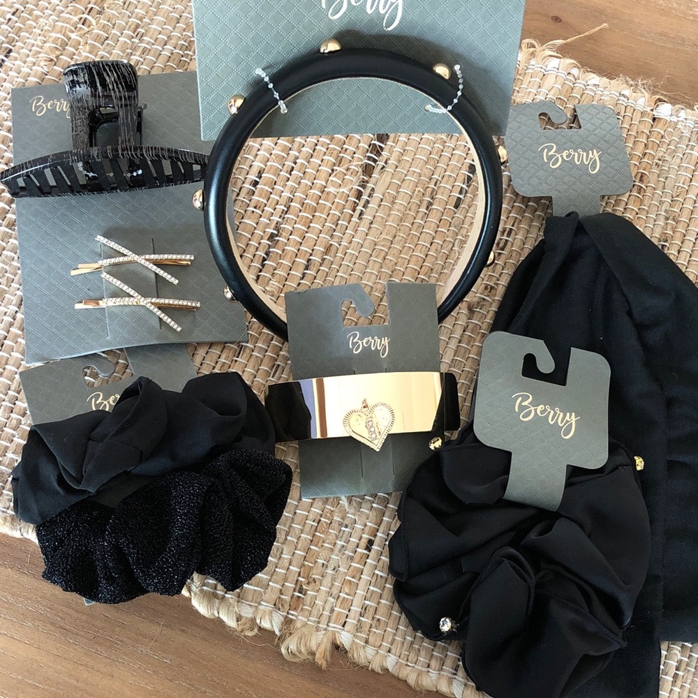 Berry Black Hair Accessory Set - Headband, Scrunchie & Clips